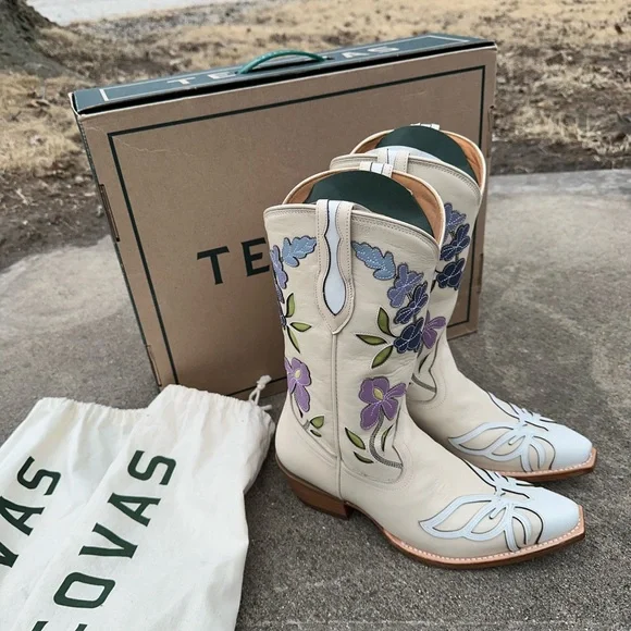 Tecovas The Sadie Meadow Bone Cowboy Boots Size 9 Floral Cream Western Bride - Picture 11 of 15